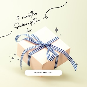 Pode incluir: Uma caixa de presente branca com uma fita xadrez azul e branca. A caixa está flutuando no ar com o texto "3 meses de assinatura" e "MISTERIO DIGITAL" escrito nela.