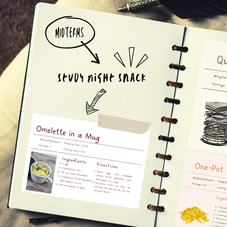 May include: A notebook page with handwritten notes for a study night snack. The notes include a recipe for an omelette in a mug with ingredients and directions. The recipe is titled "Omelette in a Mug" and includes the text "@DigitallySheepish" and "Servings: 1".
