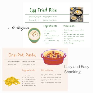 May include: A colorful illustration of two recipes: Egg Fried Rice and One-Pot Pasta. Both recipes include a list of ingredients and directions. The illustration includes a bowl of rice, a pan of pasta, and a plate of egg fried rice.