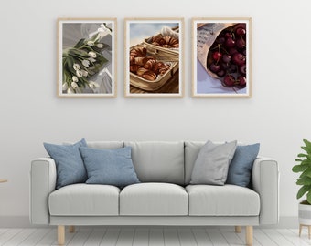 Coffee Lover Poster Set: Watercolor Tulips, Cherries, Croissants (Digital Download)