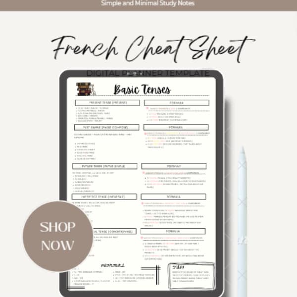 French Cheat Sheet | Printable Cheat Sheet | GoodNotes | French verb study guide