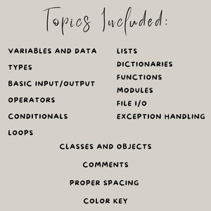 May include: A beige graphic with the words "Topics Included:" in a cursive font. Below, a list of programming topics such as "Variables and Data," "Lists," "Functions," and "Exception Handling" are displayed in a sans-serif font.