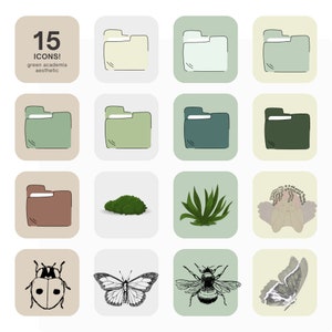 Puede incluir: Un conjunto de 15 iconos estéticos de academia verde. Los iconos incluyen carpetas, plantas, insectos y un querubín. El texto "15 ICONS! green academia aesthetic" está en la parte superior de la imagen.