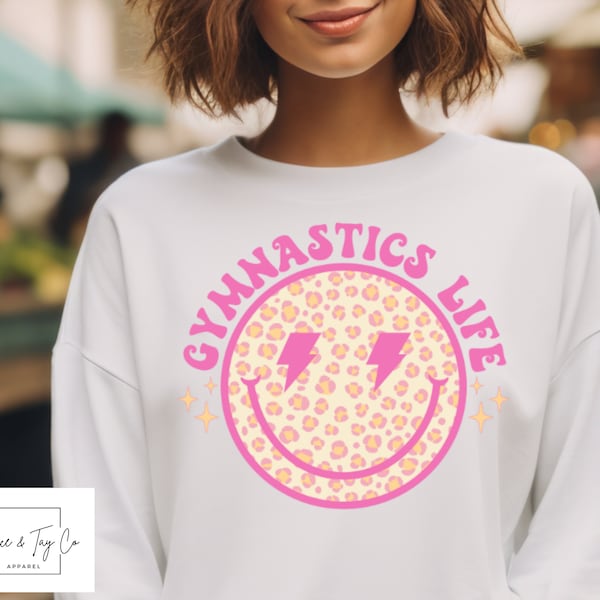 Gymnastics life smiley face, sweatshirt, cheetah print, hot pink