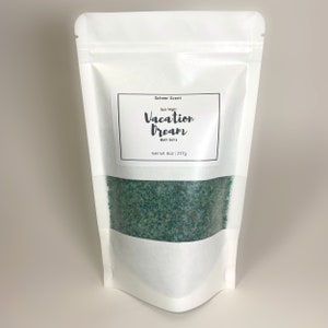 Turquoise color-changing bath salts scented with lavender & chamomile and bentonite clay for detox, a luxury bath soak that promotes sleep.