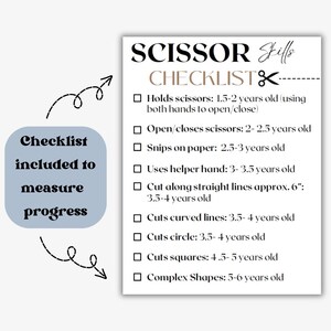 K&ouml;nnte beinhalten: Eine Checkliste f&uuml;r die Entwicklung von Scheren-F&auml;higkeiten, mit Altersangaben f&uuml;r jede F&auml;higkeit. Die Checkliste umfasst F&auml;higkeiten wie das Halten von Scheren, das &Ouml;ffnen und Schlie&szlig;en von Scheren, das Schneiden von Papier, die Verwendung einer Hilfshand, das Schneiden gerader Linien, das Schneiden von Kurven, das Schneiden von Kreisen, das Schneiden von Quadraten und das Schneiden komplexer Formen.