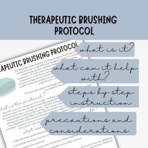 May include: A blue and white printable infographic about the Wilbarger Deep Pressure and Proprioceptive Technique (DPPT) or the Wilbarger Brushing Protocol. The infographic includes the text "What is it?", "What can it help with?", "Steps by step instruction", and "Precautions and considerations".