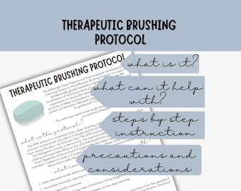 May include: A blue and white printable infographic about the Wilbarger Deep Pressure and Proprioceptive Technique (DPPT) or the Wilbarger Brushing Protocol. The infographic includes the text "What is it?", "What can it help with?", "Steps by step instruction", and "Precautions and considerations".