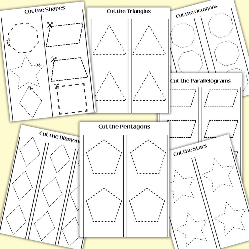 K&ouml;nnte beinhalten: Ein druckbares Arbeitsblatt mit schwarzen und wei&szlig;en Umrissen verschiedener Formen, darunter Kreise, Dreiecke, Achtecke, Parallelogramme, Rauten, F&uuml;nfecke und Sterne. Das Arbeitsblatt ist in zwei Spalten unterteilt, wobei jede Form zweimal vorkommt. Der Text "Cut the Shapes", "Cut the Triangles", "Cut the Octagons", "Cut the Parallelograms", "Cut the Diamonds", "Cut the Pentagons" und "Cut the Stars" erscheint oben in jeder Spalte.