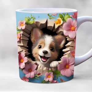 3d puppy mug wrap, 11oz and 15oz mug wraps, hole in a wall mug wrap, mug sublimation design, animal mug wrap template png, dog mug wrap