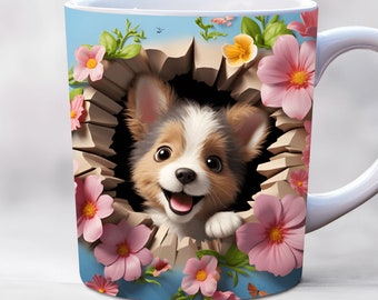 3d puppy mug wrap, 11oz and 15oz mug wraps, hole in a wall mug wrap, mug sublimation design, animal mug wrap template png, dog mug wrap