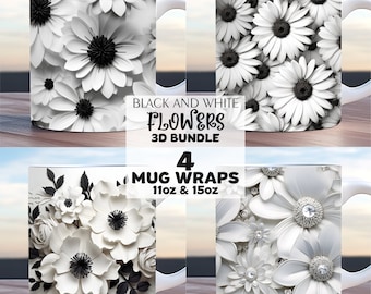 3d black and white flower wrap bundle, 3d flower mug wrap png, 11oz and 15oz mug template, daisy mug wrap, sublimation design png, daisy mug