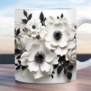 3d black and white flower wrap, 3d flower mug wrap, 11oz and 15oz mug template, daisy mug wrap, sublimation design png, white flower mugwrap