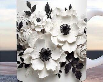3d black and white flower wrap, 3d flower mug wrap, 11oz and 15oz mug template, daisy mug wrap, sublimation design png, white flower mugwrap