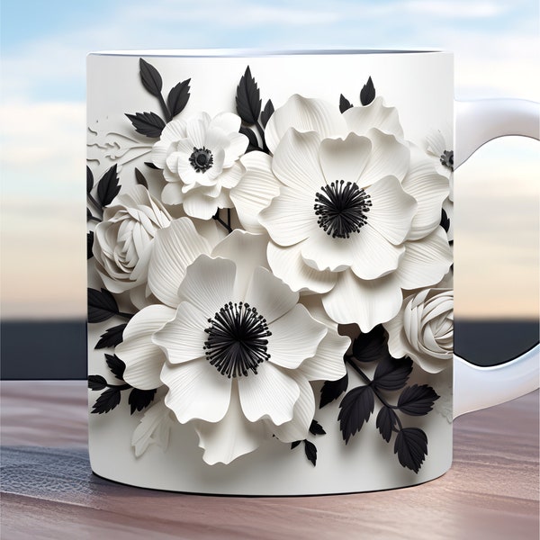 3d black and white flower wrap, 3d flower mug wrap, 11oz and 15oz mug template, daisy mug wrap, sublimation design png, white flower mugwrap