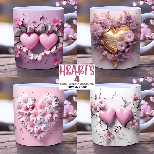 3d valentine mug wrap bundle, PNG, 11oz and 15 oz mug design, pink wedding mug wrap, valentines day mug wrap, love mug wrap, heart mug wrap