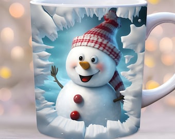 3D Schneemann Becher Wrap, 3D Weihnachtsbecher Wrap png, Loch in der Becherverpackung, 11 Unzen und 15 Unzen Bechervorlage, Winterbecherverpackung, Kinderbecherverpackung