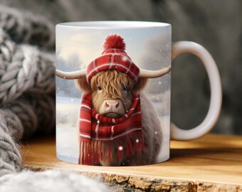 3d baby Highland cow mug wrap, Christmas mug wrap, 11oz and 15oz mug Template, mug sublimation design, mug wrap template, holiday mug wrap