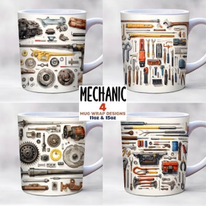 Könnte beinhalten: Vier verschiedene Designs für 11oz und 15oz Tassen mit einem Mechaniker-Thema. Die Designs beinhalten eine Vielzahl von Werkzeugen, darunter Schraubenschlüssel, Schraubendreher, Zangen und Hämmer. Die Tassen sind weiß mit einem hellblauen Rand.