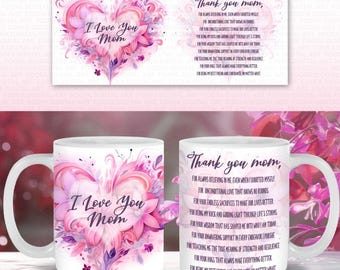 Envoltura para taza "Te amo, mamá", plantilla para taza de 325 ml y 400 ml, descarga instantánea, sublimación de taza PNG, taza con rosas rosas, taza para el Día de la Madre
