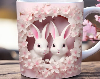 3d baby rabbit mug wrap, 11oz and 15oz mug wrap PNG, Easter mug wrap, mug sublimation design, animal mug wrap template, floral pink mug wrap