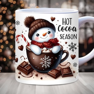 Snowman Hot Chocolate Mug Wrap, 11oz & 15oz Mug Template PNG, Cozy Winter Mug Wrap, Christmas Mug Wrap Sublimation Design, Holiday Mug Wrap