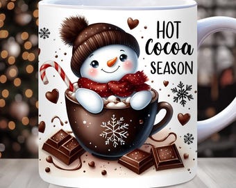 Envoltura para taza de chocolate caliente con diseño de muñeco de nieve, plantilla PNG para tazas de 325 ml y 400 ml, envoltura acogedora para taza de invierno, diseño de sublimación para envoltura navideña, envoltura para taza festiva