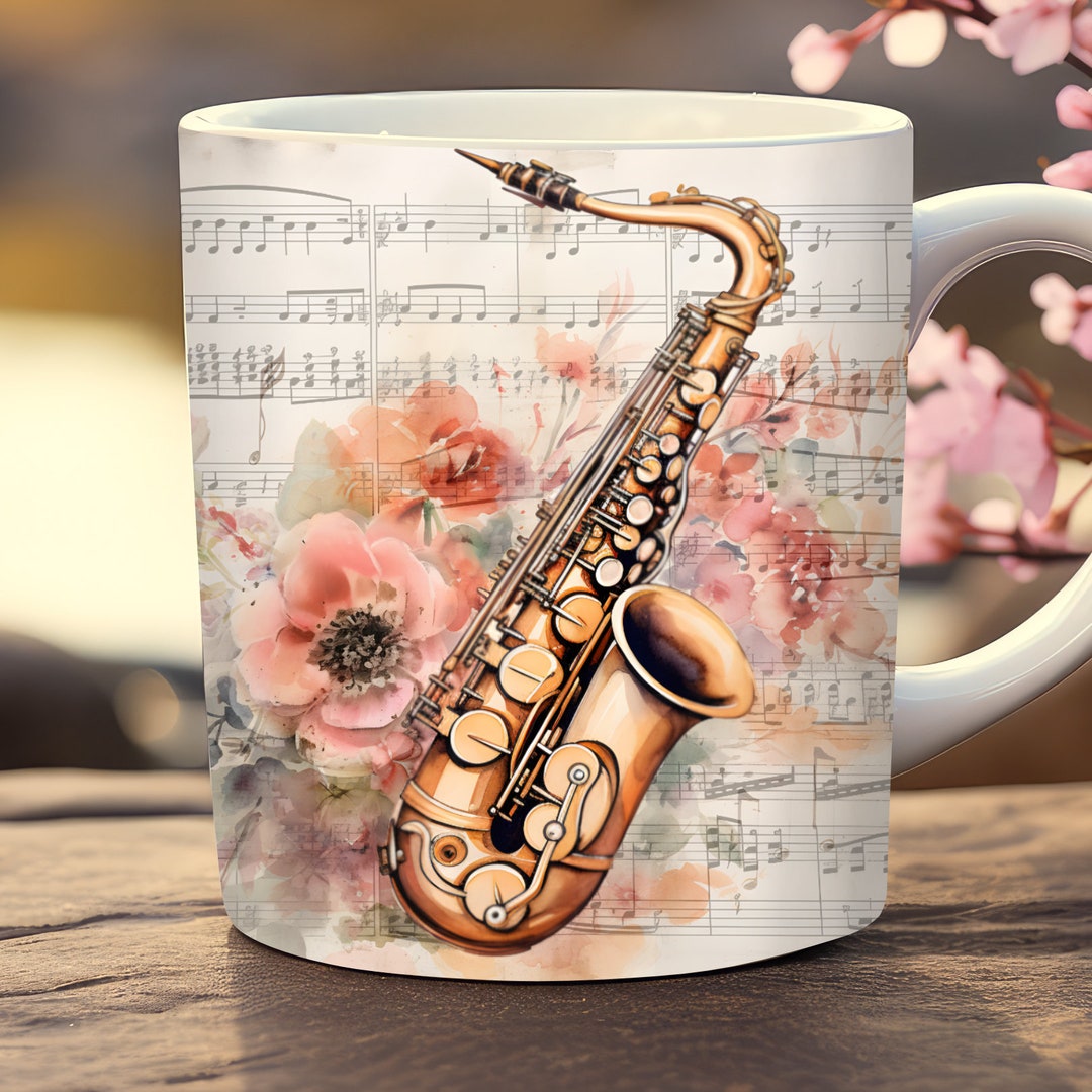 Floral Saxophone Mug Wrap, 11oz and 15oz Mug Template, Music Instrument