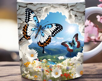 3D Schmetterling Becher Wrap png, 11 Unzen und 15 Unzen Becher Vorlage, Loch in einem Wandbecher Wrap Sublimationsdesign, Blumen Becher Wrap, Blumenbecher Wrap