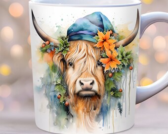 Christmas highland cow mug wrap, 11oz and 15oz mug Template, Christmas mug wrap, Winter mug wrap mug sublimation design, cow mug wrap