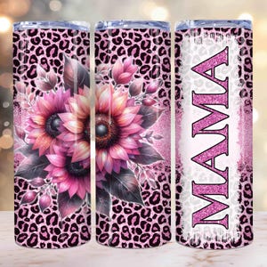 Sunflower Pink Leopard Mama Tumbler Wrap, 20oz Skinny Tumbler PNG, Seamless Mother&#39;s Day Tumbler Wrap, Birthday Mom Gift, Girly Girl Style