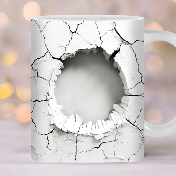 3D Cracked Wall Mug Wrap, 11oz, 15oz Mug Template, White Mug Wrap, Mug Sublimation Design, Mug Wrap Template, Instant Digital Download PNG,