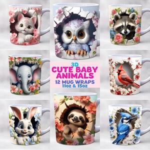 3d baby animals mug wrap bundle, 11oz and 15oz mug template, hole in a wall mug wrap, nature mug wrap, mug sublimation design