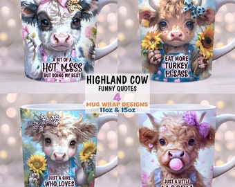 Baby Highland Kuh Mug Wrap Bundle, Tasse Sublimationsdesign, 11 Unze und 15 Unze Tasse Wrap, Tasse Wrap Vorlage PNG, digitaler Download