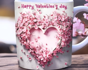 3d valentine mug wrap, PNG, 11oz and 15 oz mug design, happy valentine's day mug wrap, love mug wrap, heart mug wrap, pink floral mug wrap