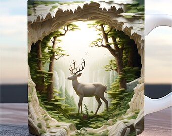 3D deer hole In a wall mug wrap 11oz & 15oz mug template, 3D Mug sublimation design mug wrap template PNG instant digital download