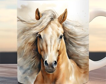 Diseño de taza con caballo en acuarela beige, plantilla para tazas de 11 oz y 15 oz, diseño de animales de granja, diseño de taza de café con caballo, descarga digital instantánea.