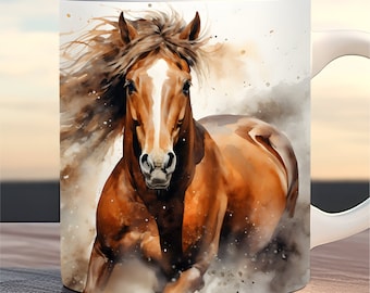 Diseño de taza con estampado de caballo marrón en acuarela, plantilla para tazas de 11 oz y 15 oz, diseño de animales de granja, diseño de taza de café con diseño de caballo, descarga digital instantánea.
