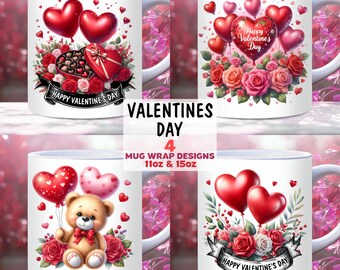 Happy Valentines Day Mug Wrap Bundle, PNG, conceptions de tasse de 11 oz et 15 oz, emballage de tasse floral, emballage de tasse d'amour, emballage de tasse de printemps, cadeau de jeunes mariés
