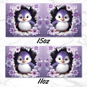 May include: Two purple penguin illustrations with white bellies and beaks. The penguins are peeking out of a hole in a purple background with white flowers. The text "15oz" and "11oz" are printed below the images.