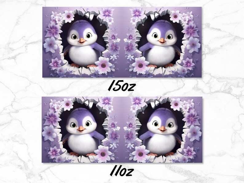 May include: Two purple penguin illustrations with white bellies and beaks. The penguins are peeking out of a hole in a purple background with white flowers. The text "15oz" and "11oz" are printed below the images.