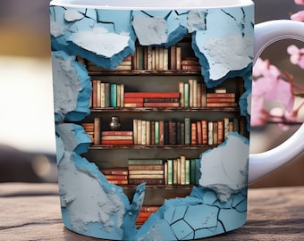 3d book mug wrap, PNG, 3D book lover mug wrap, 11oz and 15 Oz mug design, teacher mug wrap, book and coffee mug wrap, library mug wrap