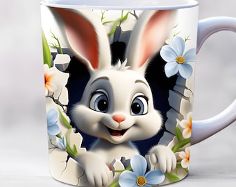 3d baby rabbit mug wrap, 11oz and 15oz mug wraps, hole in a wall mug wrap, mug sublimation design, animal mug wrap template png