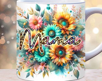 Mok met bloemenprint voor mama, 11oz, 15oz PNG digitale download, mok met Moederdagprint, verjaardagscadeau voor mama, mama, mok met gouden glitter en luipaardprint