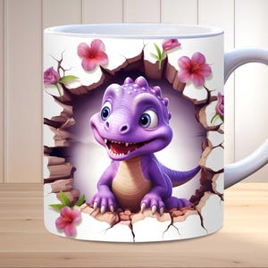 3d baby dinosaur mug wrap png, 11oz and 15oz mug template, hole in a wall mug wrap, sublimation design, PNG instant digital download