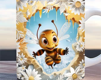 May include: White ceramic mug featuring a cartoon bee illustration. The bee is yellow and black with a smiling face and is flying through a honeycomb frame with white flowers.