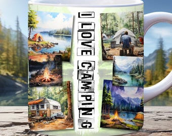 I Love Camping mokomslag, 11oz en 15oz mok sjabloon png, wandelen mokomslag, vakantie mokomslag, natuur mokomslag, berglandschap mokomslag