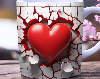 3d valentine mug wrap, PNG, 11oz and 15 oz mug design, wedding mug wrap, valentines day mug wrap, love mug wrap, red heart mug wrap