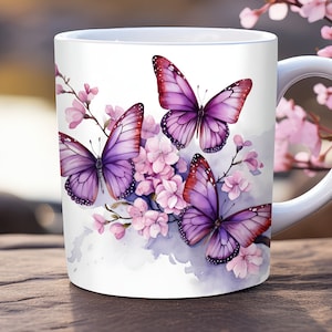 Purple Butterfly Mug Wrap PNG, 11oz and 15oz Mug Template, Spring Mug Wrap Sublimation Design, Flower Mug Wrap, Floral Mug Wrap, Spring Mug