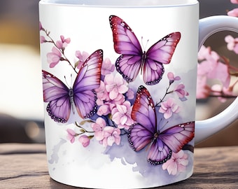 Purple Butterfly Mug Wrap PNG, 11oz and 15oz Mug Template, Spring Mug Wrap Sublimation Design, Flower Mug Wrap, Floral Mug Wrap, Spring Mug